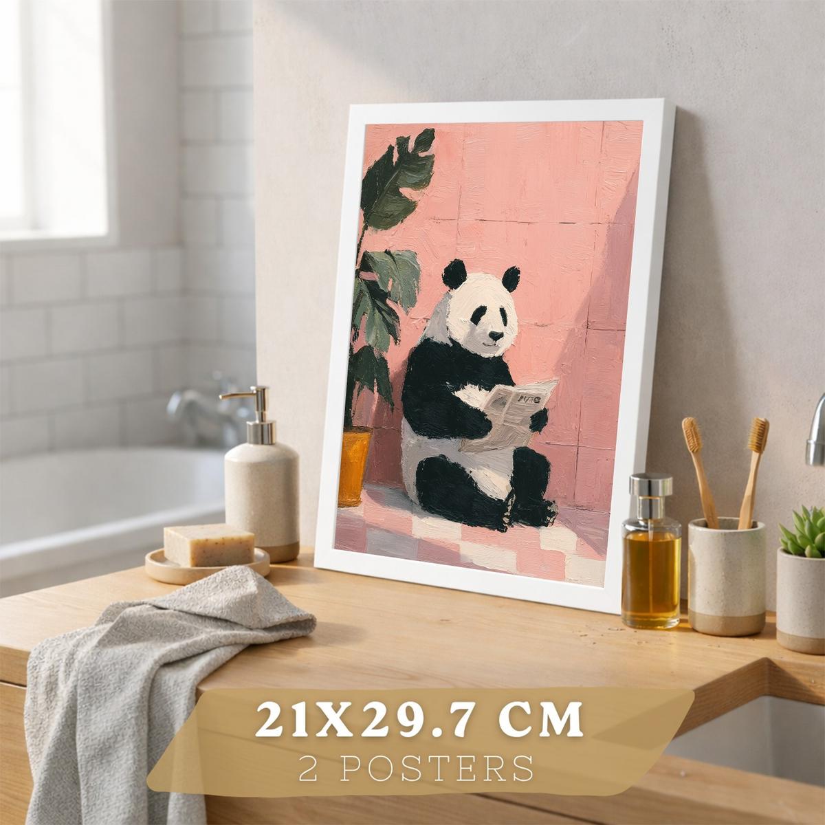 POSTER 2er-Set dekorative Badezimmer-Kunstdrucke und lustige für Wand, Waschbecken, Toilette mit lesenden Tieren im Badezimmer, Stil Weißer Rahmen A4 - Weiß, Papier (29.7/21/3cm) - Nacnic