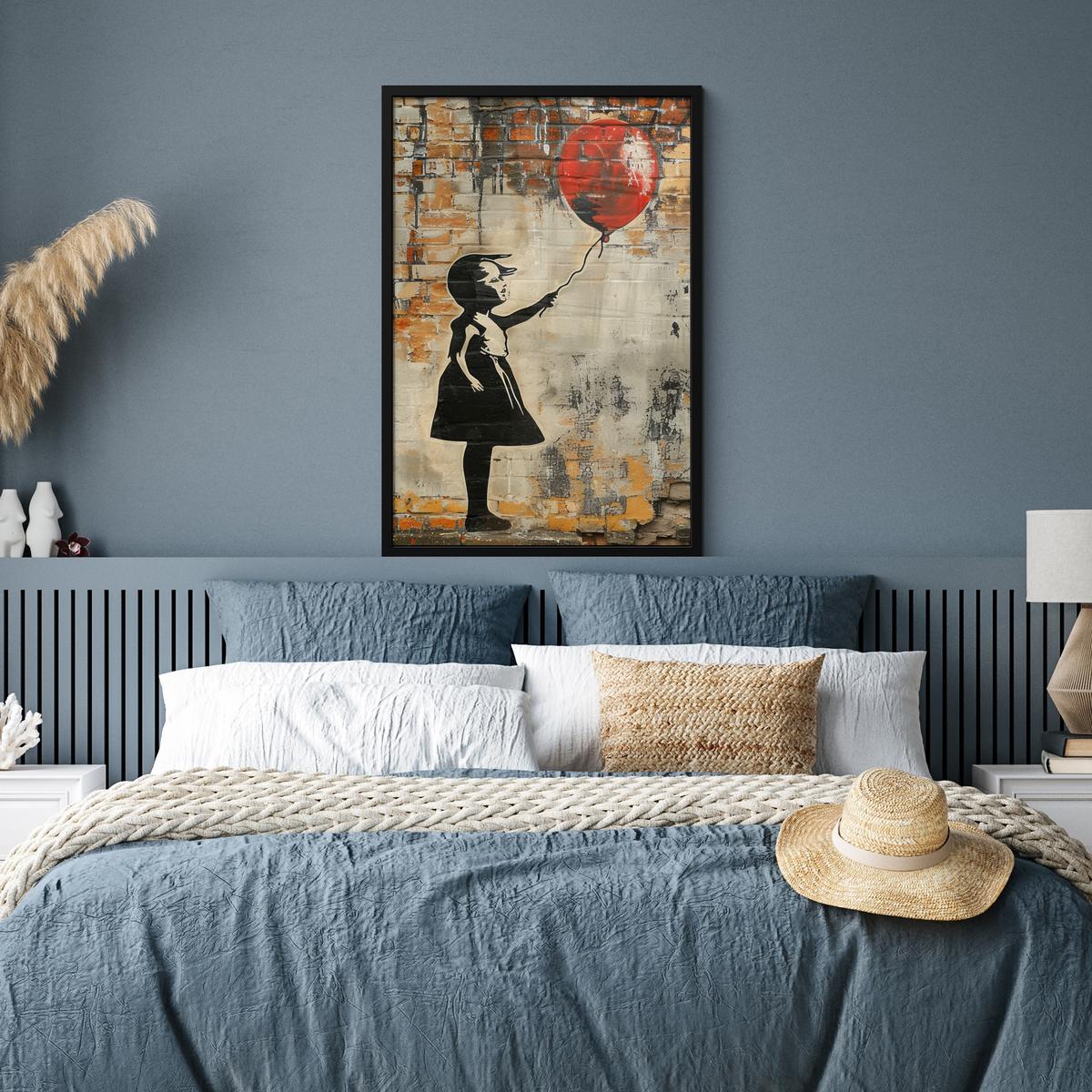 POSTER MIT RAHMENGERAHMTES BILD Graffiti - Banksy - Mädchen - Straßenkunst 60x90 cm - Sandfarben, Papier (60/90cm) - MuchoWow