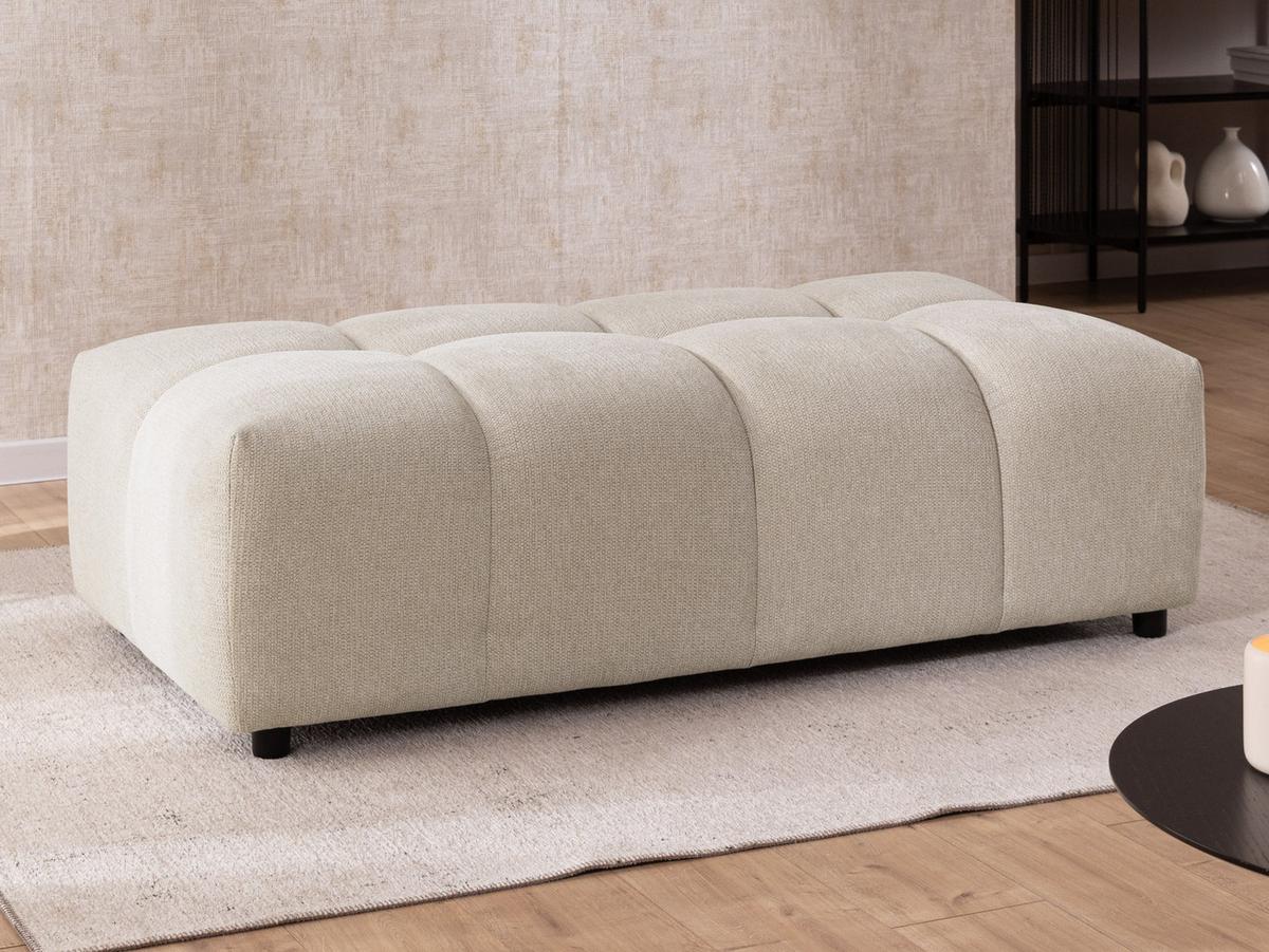 ECKSOFA inkl. Hocker Bubble mit Schlaffunktion und losen Rückenkissen, Sitzfläche Bubble-Optik aus weichem Hellbeige Strukturstoff - Ottomane Rechts - Beige/Schwarz, Holz/Kunststoff (306/180cm) - S-Style