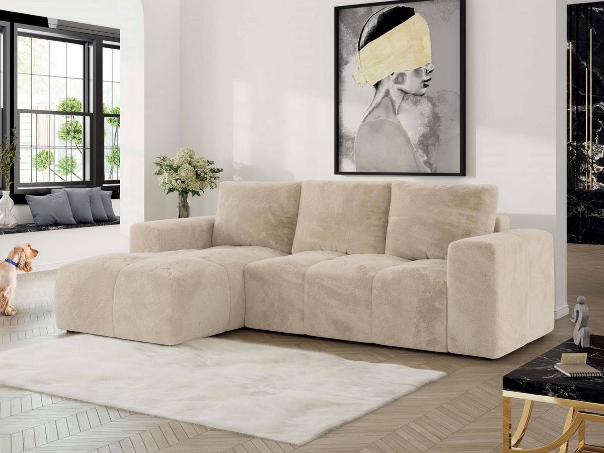 ECKSOFA MONIVA Creme Plüsch - Links - Creme/Schwarz, Textil (164/266cm) - MKS