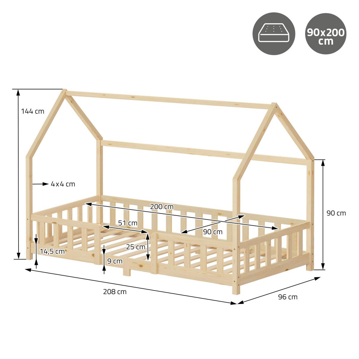 KINDERBETT 90x200 cm mit Matratze & Rausfallschutz Natur aus Kiefernholz - Naturfarben, Holz (90/200cm) - ML-DESIGN
