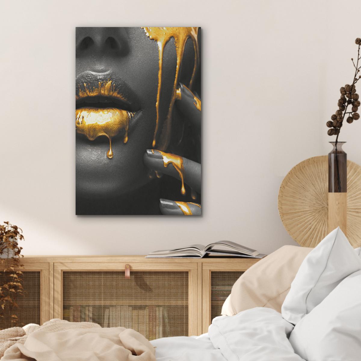 AKUSTIKBILD Frau - Schwarz - Gold - Gesicht - Lippen Kunstdruck Schlafzimmer 50x70 cm - Goldfarben, Kunststoff (50/70/0.9cm) - MuchoWow