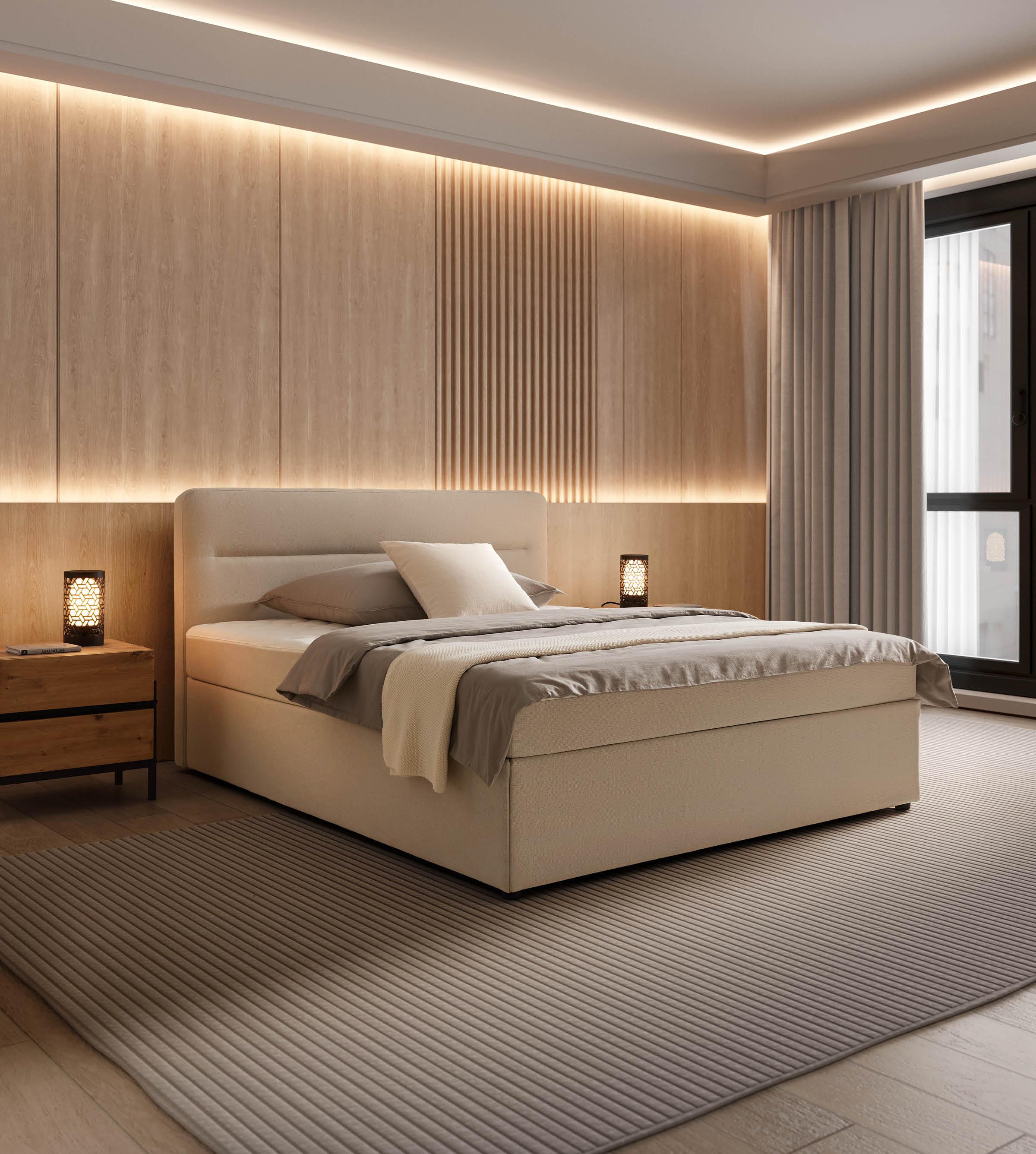 Helles Bett, Nachtkästchen aus Holz, zwei schwarze Tischlampen