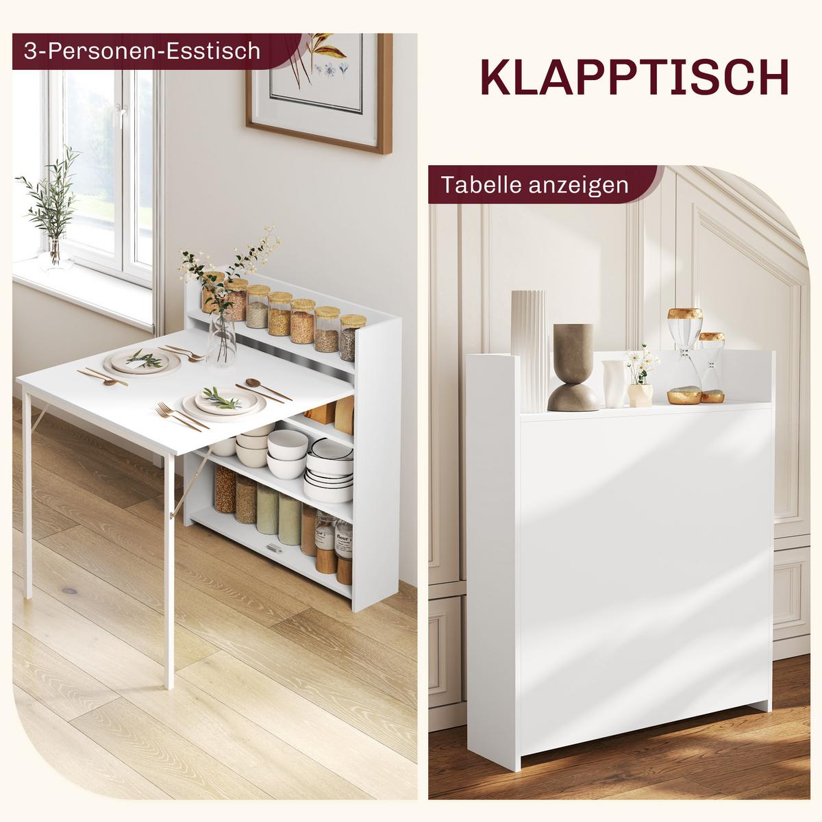 ESSTISCH Klappbar Küchentisch mit 4-stufigen Regalen für 3 Personen, Weiß - Weiß, Holzwerkstoff/Kunststoff (91/78.5/93cm) - HOMCOM