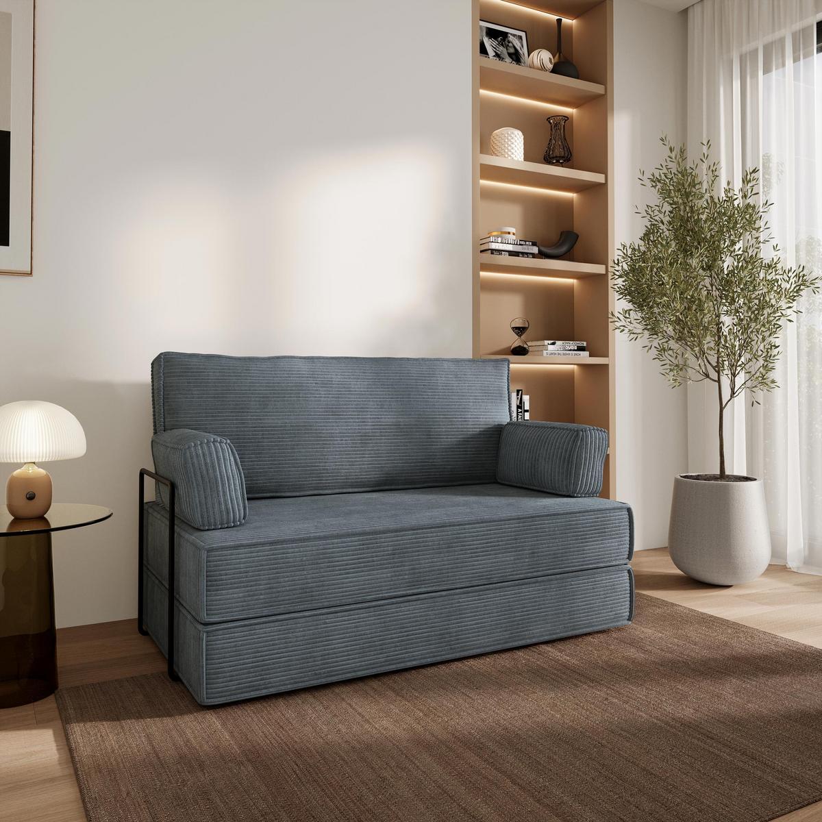 BETTSOFA LADIA aus Schaumstoff Cordstoff Grau Schlaffunktion - Grau, Textil (140/86/60cm) - MASSENO