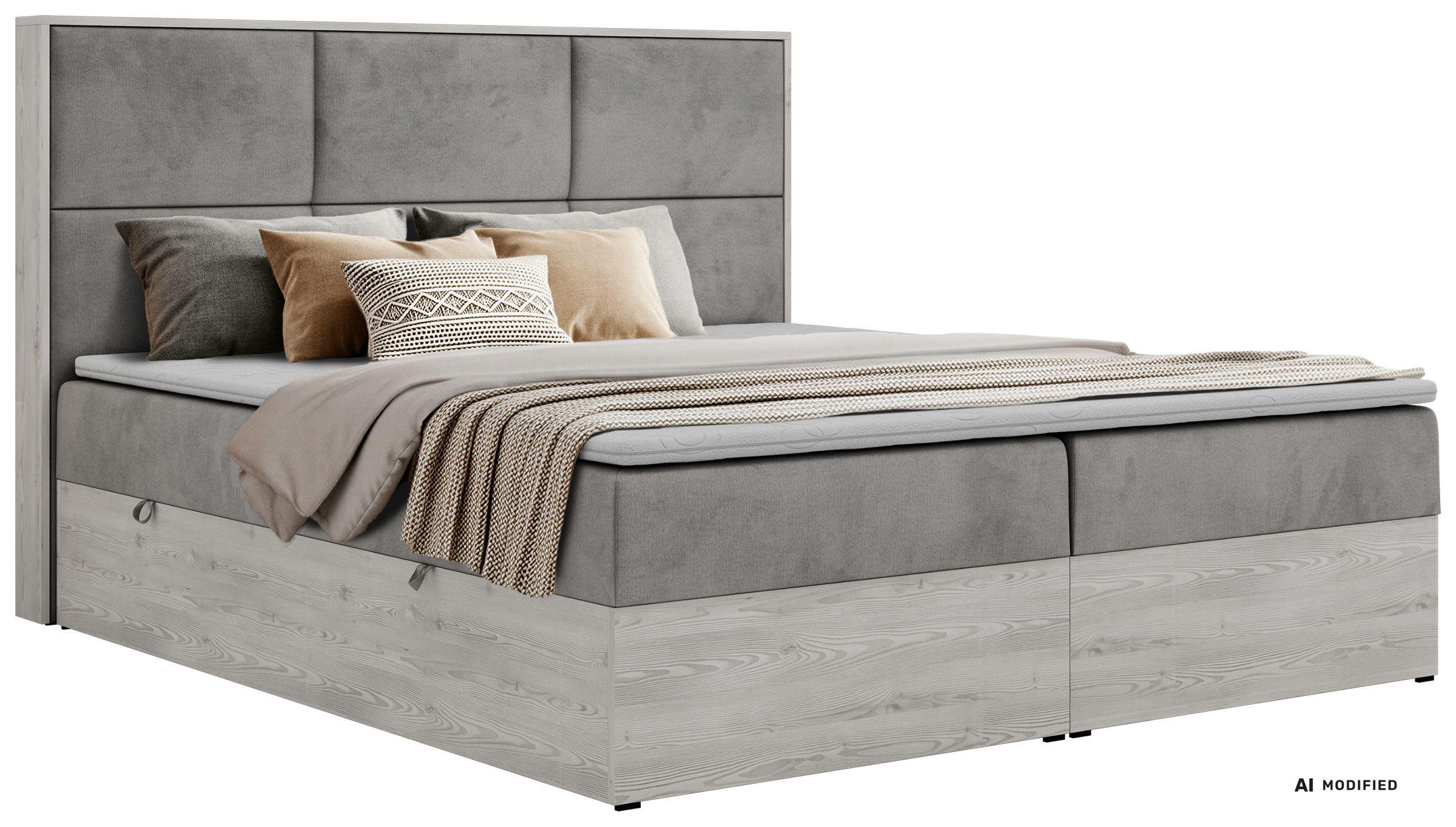 BOXBETT DELNOR 140/200 - Hellgrau Velvet - Topper Visco - H3 - Hellgrau/Schwarz, Kunststoff/Textil (140/200cm) - MKS