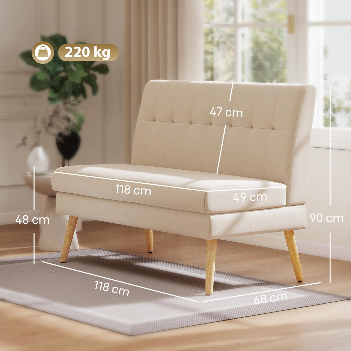SOFA 2 Sitzer Couch mit Leinenoptik, Getuftete Rückenlehne, Beige - Beige/Naturfarben, Holz/Textil (68/90/118cm) - HOMCOM