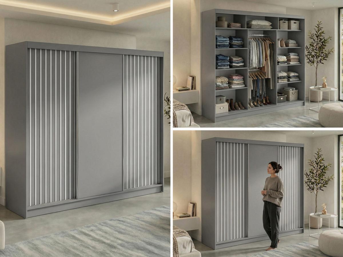 SCHWEBETÜRENSCHRANK mit Lamellen LUMOS - 240 - Grau und Weiß - Alufarben/Weiß, Holzwerkstoff/Metall (240/216/61cm) - MKS