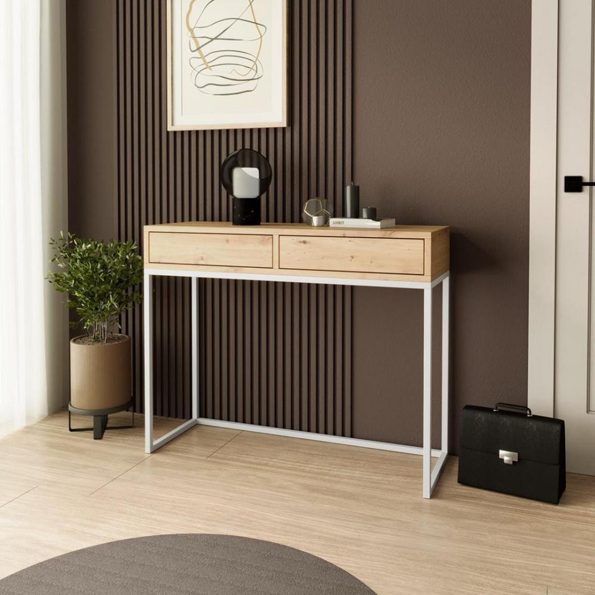 KONSOLENTISCH Lango 100/85/35 eiche Artisan mit weißen Matellbeinen - Eiche Artisan/Weiß, Holzwerkstoff/Metall (35/100/85cm) - Beautysofa