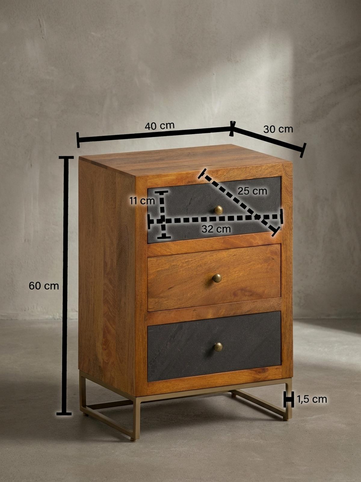 NACHTTISCH Massivholz Steinoptik 3 Schubladen Metallgestell, Braun 40x30x60 cm - Goldfarben/Braun, Holz/Metall (40/60/30cm) - KADIMA DESIGN