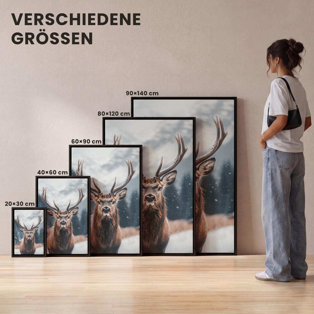 LEINWAND Bilder mit Rahmen - Hirsche - Tiere - Landschaft - Winter - Schnee - 40x60 - Kastanienfarben, Textil (40/60cm) - MuchoWow