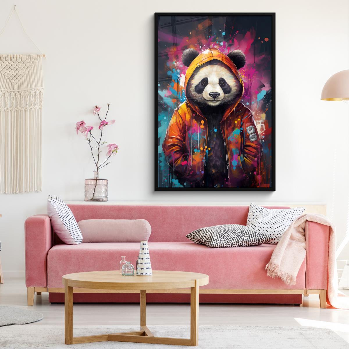 POSTER MIT RAHMEN Panda - Jacke - Graffiti - Orange Bilderleiste 80x120 cm - Orange, Papier (80/120cm) - MuchoWow