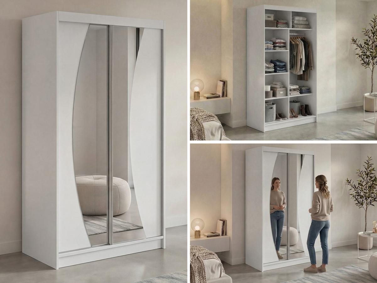 SCHWEBETÜRENSCHRANK 120 - VERONA - Weiß mit Spiegel - Alufarben/Weiß, Holzwerkstoff/Metall (120/216/61cm) - MKS