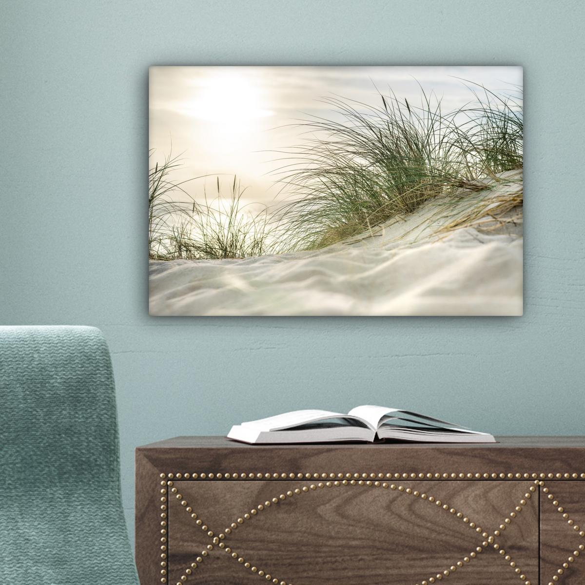 LEINWANDBILD Dünen mit Strandhafer in der Sonne des Nationalparks Schleswig-Holsteinisches Wattenmeer Deko Schlafzimmer 30x20 cm - Creme, Textil (30/20cm) - MuchoWow