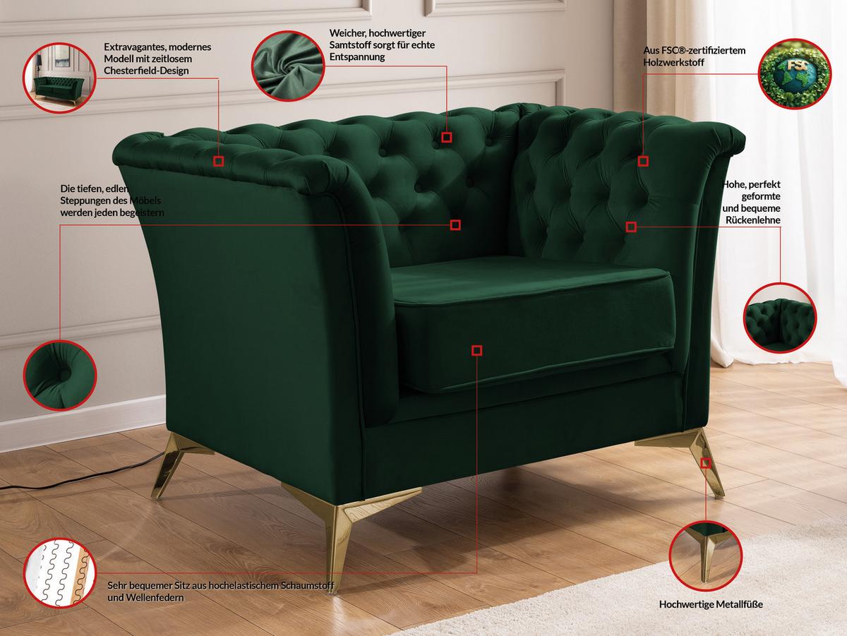 CHESTERFIELD-SESSEL Whitby Flaschengrün Samt mit goldenen Füßen - Dunkelgrün/Goldfarben, Holz/Textil (116/78/82cm) - S-Style Möbel