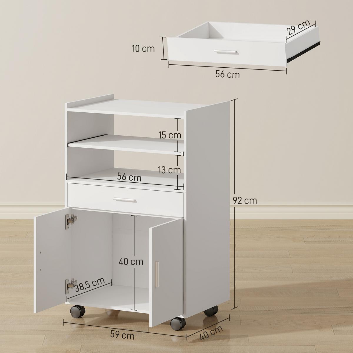 KÜCHENSCHRANK mit Rollen & Schublade Weiß - Weiß, Holzwerkstoff (40/92/59cm) - HOMCOM