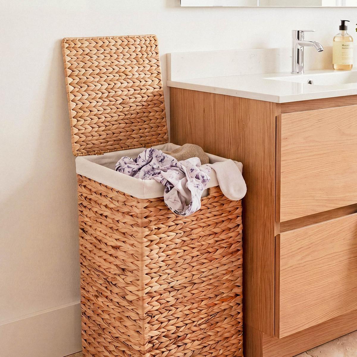 WASCHESAMMLER mit Deckel aus Wasserhyazinthe 30/60/40 cm - Beige, Naturmaterialien (30/60/42cm) - Calicosy