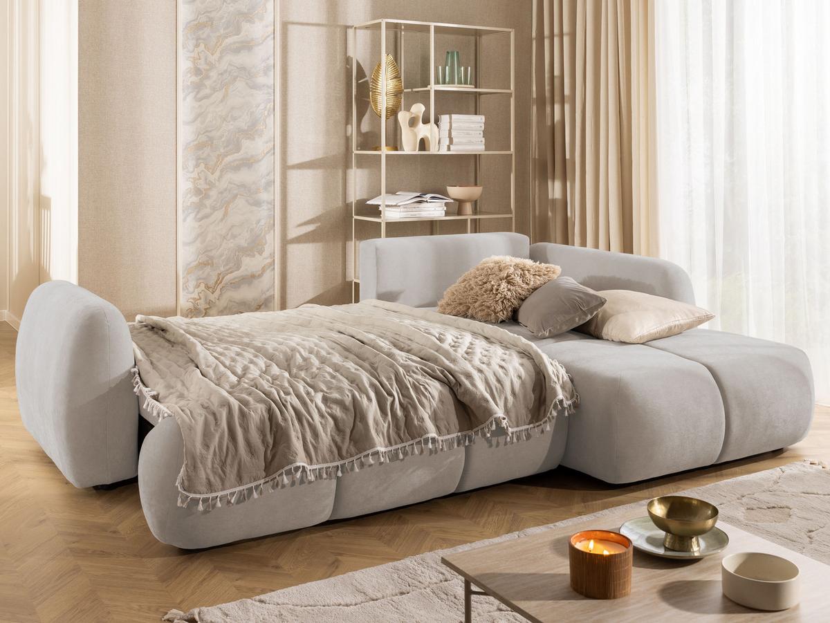 ECKSOFA Loretto aus natürlichem Beige Webstoff mit Schlaffunktion, Bettkasten und tiefen Steppungen in Bubble-Optik - Beige/Schwarz, Holz/Kunststoff (275/180cm) - S-Style