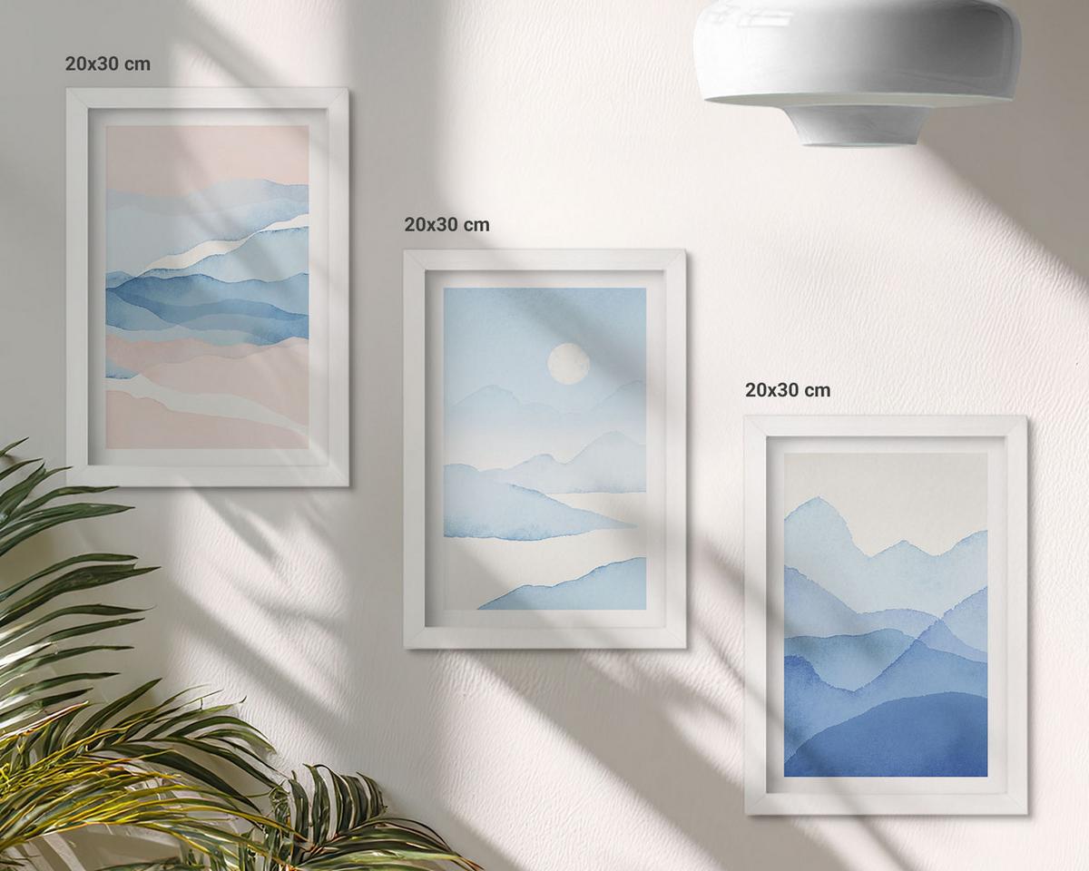 BILDER SET 3er Set - 20x30 cm Weißer Rahmen - Aquarell: Blau-rosa Berge - Weiß, Kunststoff (20/30cm) - TULUP