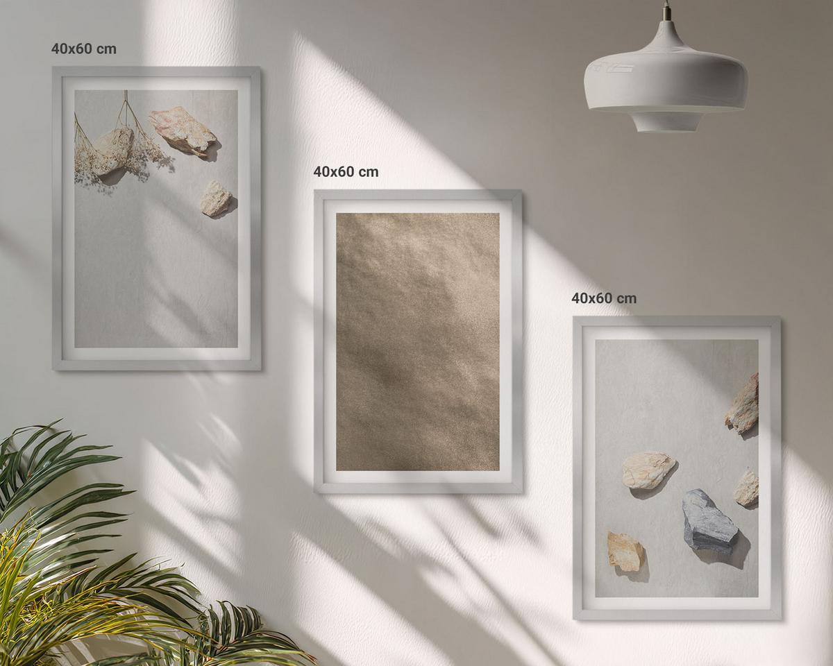 BILDER SET 3er Set - 40x60 cm Silberner Rahmen - Steine Strand natürliche Strukturen - Silberfarben, Kunststoff (40/60cm) - TULUP