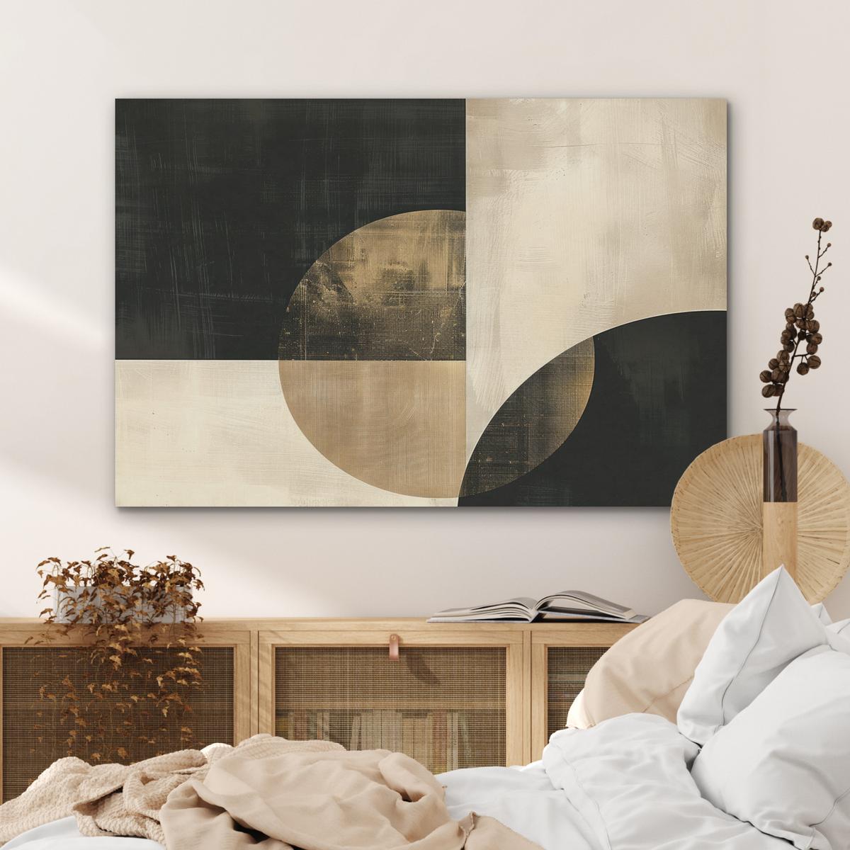 AKUSTIKBILD Abstrakt - Geometrische Formen - Schwarz - Gold Wandbild Wohnzimmer 100x70 cm - Ecru, Kunststoff (100/70/0.9cm) - MuchoWow