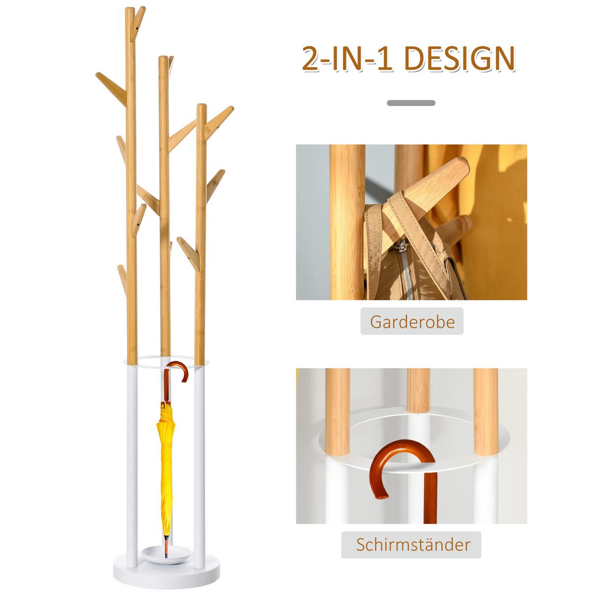 GARDEROBENSTÄNDER mit 12 Haken, Natur+Weiß 30,5 x 30,5 x 174,5 cm - Naturfarben, Naturmaterialien (30.5/174.5/30.5cm) - HOMCOM