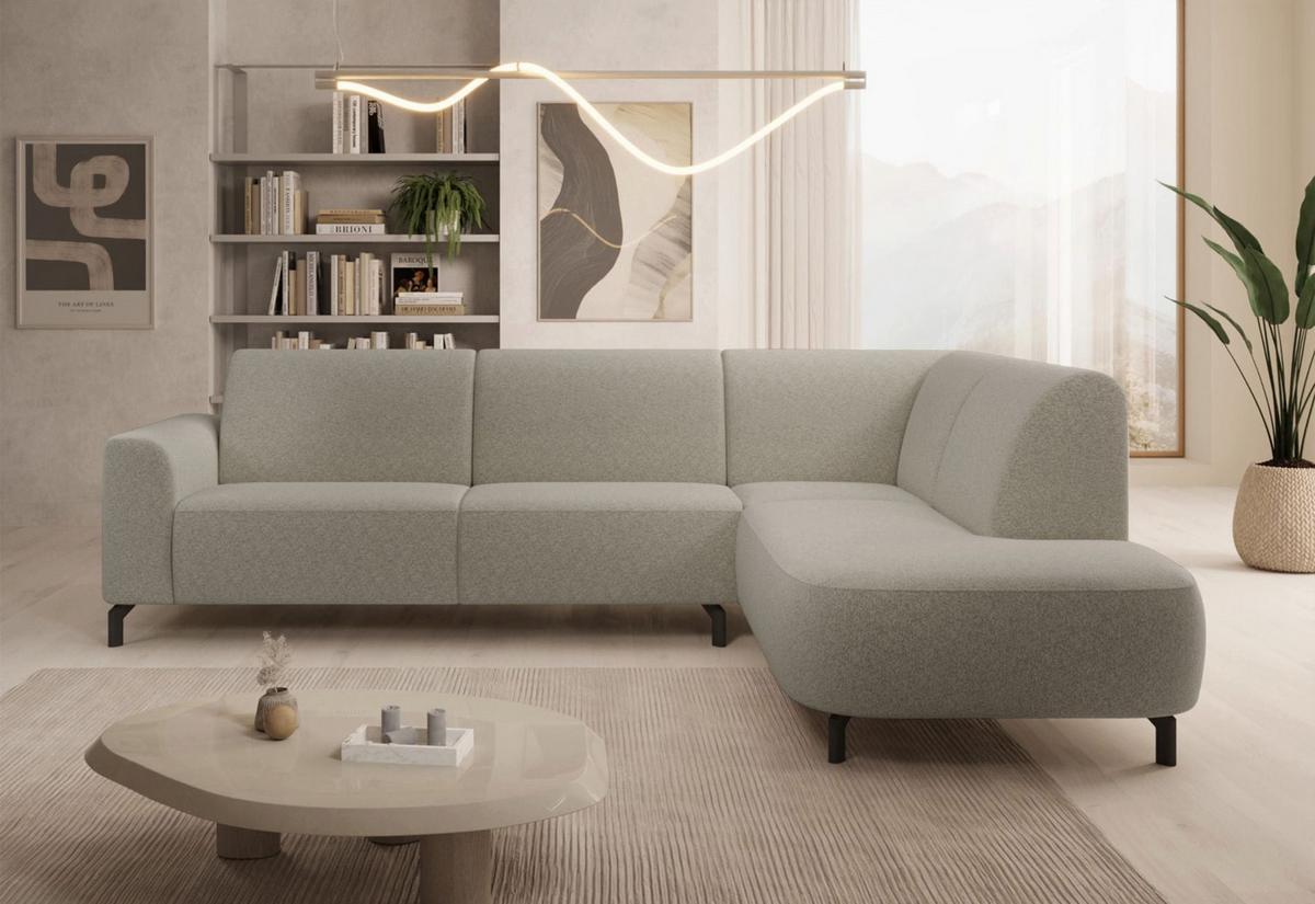 ECKSOFA Lununa Graubeige mit Armlehne, Bouclé, Ottomane rechts - Taupe/Schwarz, Textil/Metall (218/277cm) - Selsey