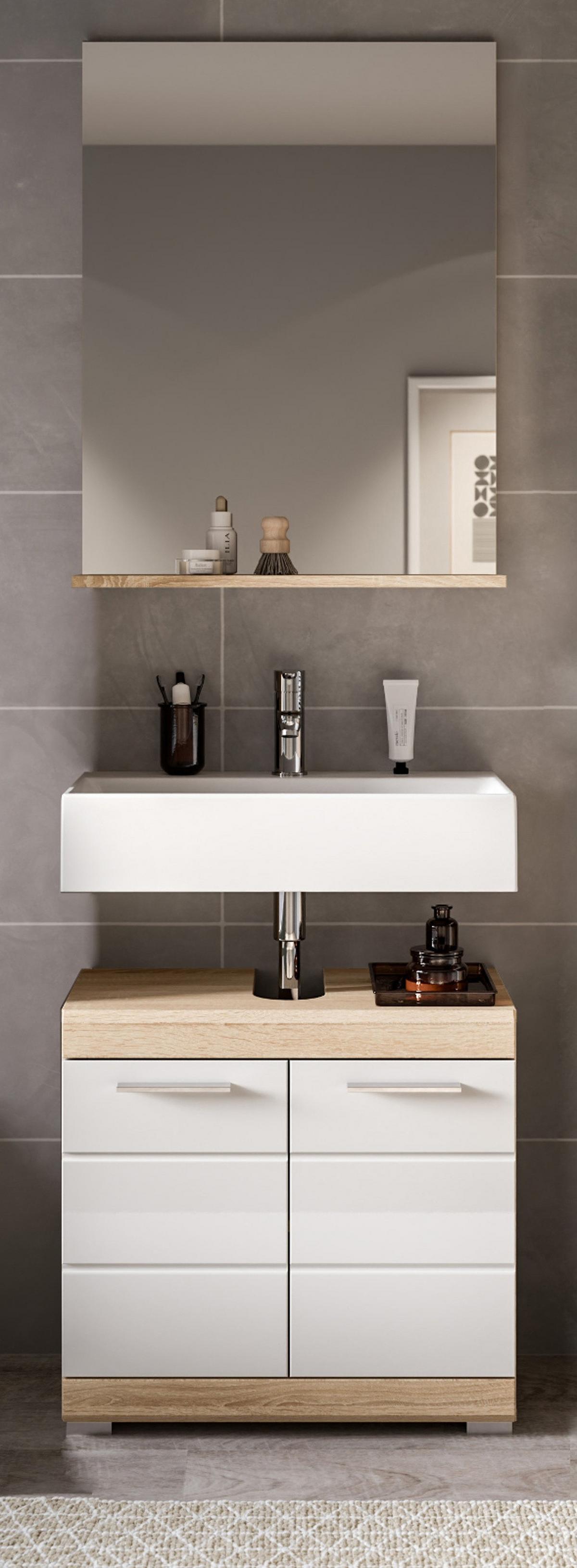 BADMÖBEL-SET weiß Hochglanz, Eiche 2-teilig 60 cm, Kombination mit Spiegel - Weiß Hochglanz/Eichefarben, Holzwerkstoff (60/191/34cm) - Inn.Furn