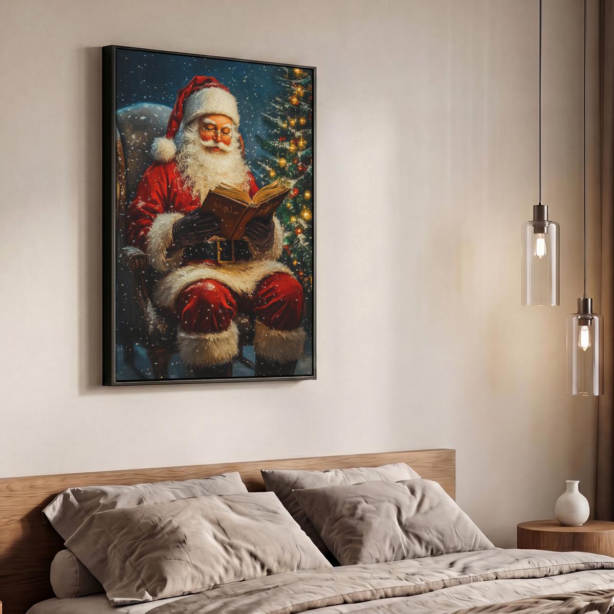 LEINWAND Bilder mit Rahmen - Weihnachtsmann - Weihnachten - Winter - Weihnachtsbaum - 70x100 - Bordeaux, Textil (70/100cm) - MuchoWow