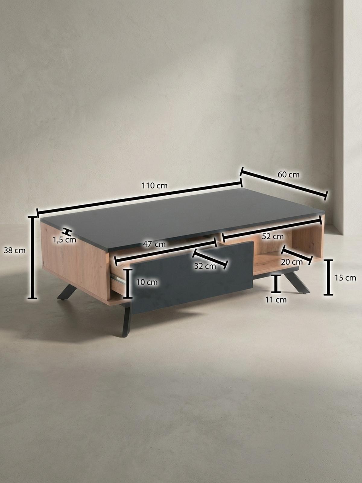 COUCHTISCH Eiche-Dekor Schwarz mit Stauraum, Wasserabweisend, 110x60x38 cm - Schwarz/Braun, Holz/Metall (60/110/38cm) - KADIMA DESIGN
