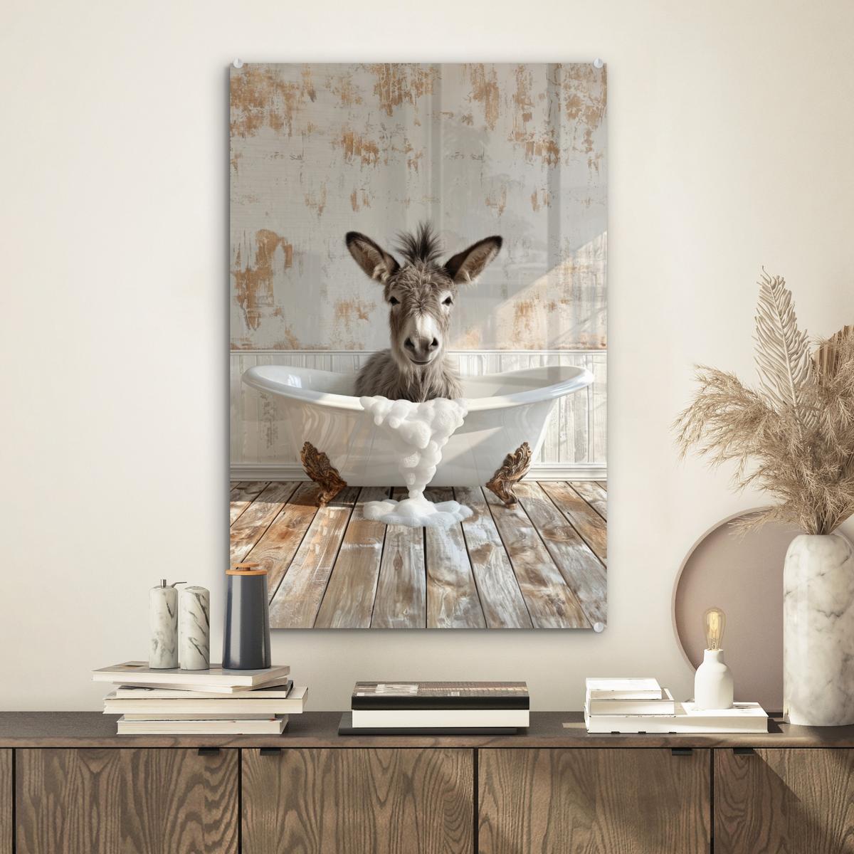 ACRYLGLASBILD Esel - Tiere - Badewanne - Schaumstoff Wanddeko Wohnzimmer 40x60 cm - Weiß, Glas (40/60cm) - MuchoWow