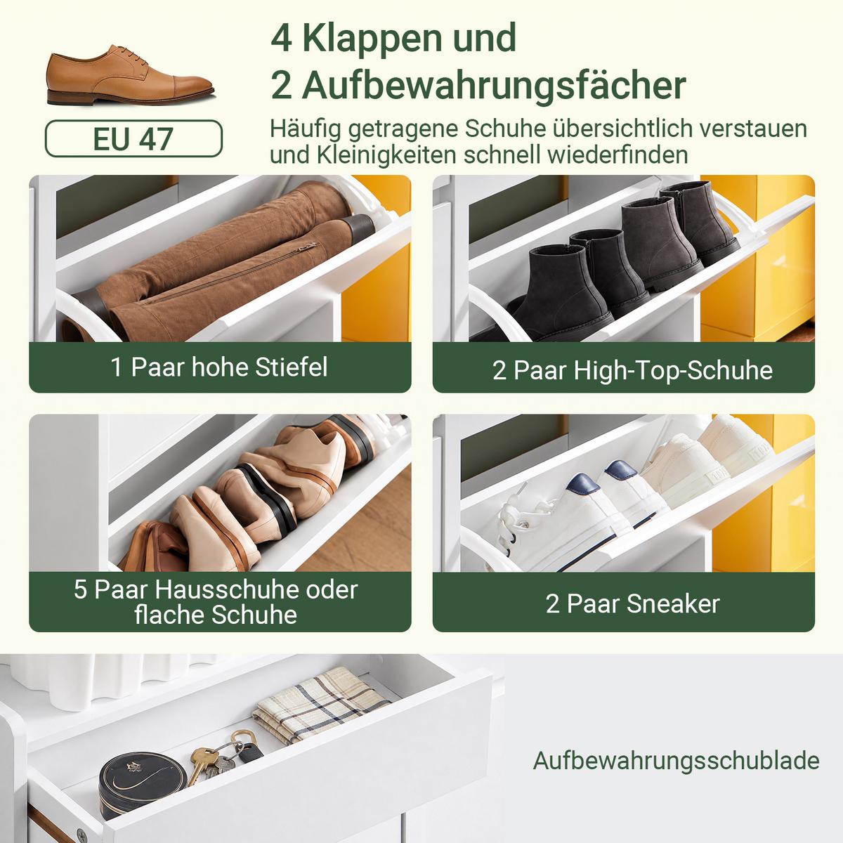 SCHUHKIPPER mit 4 Klappen, Schuhschrank schmal, nur 19 cm tief, 98x19x95 cm, Weiß, 4 Klappen und 2 Schubladen, für Flur, Diele & kleine Wohnungen - Weiß, Holz (98/95/19cm) - SoBuy