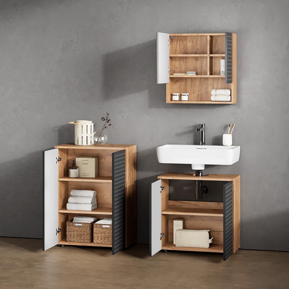 BADMÖBEL-SET Ronco Anthrazit gepunktet 3 Teile, mit Unterschrank 60 cm - Anthrazit, Holzwerkstoff (80/58.6/41cm) - Livinity®