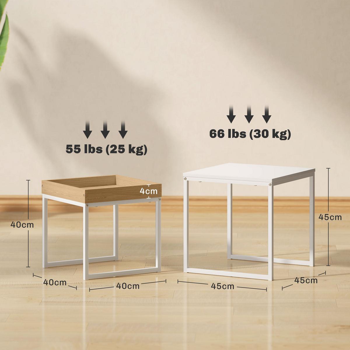 2ER-SET Couchtisch, Eckiger Beistelltisch, Kaffeetisch mit Stahlgestell bis 30kg - Weiß, Metall (45/45/45cm) - HOMCOM