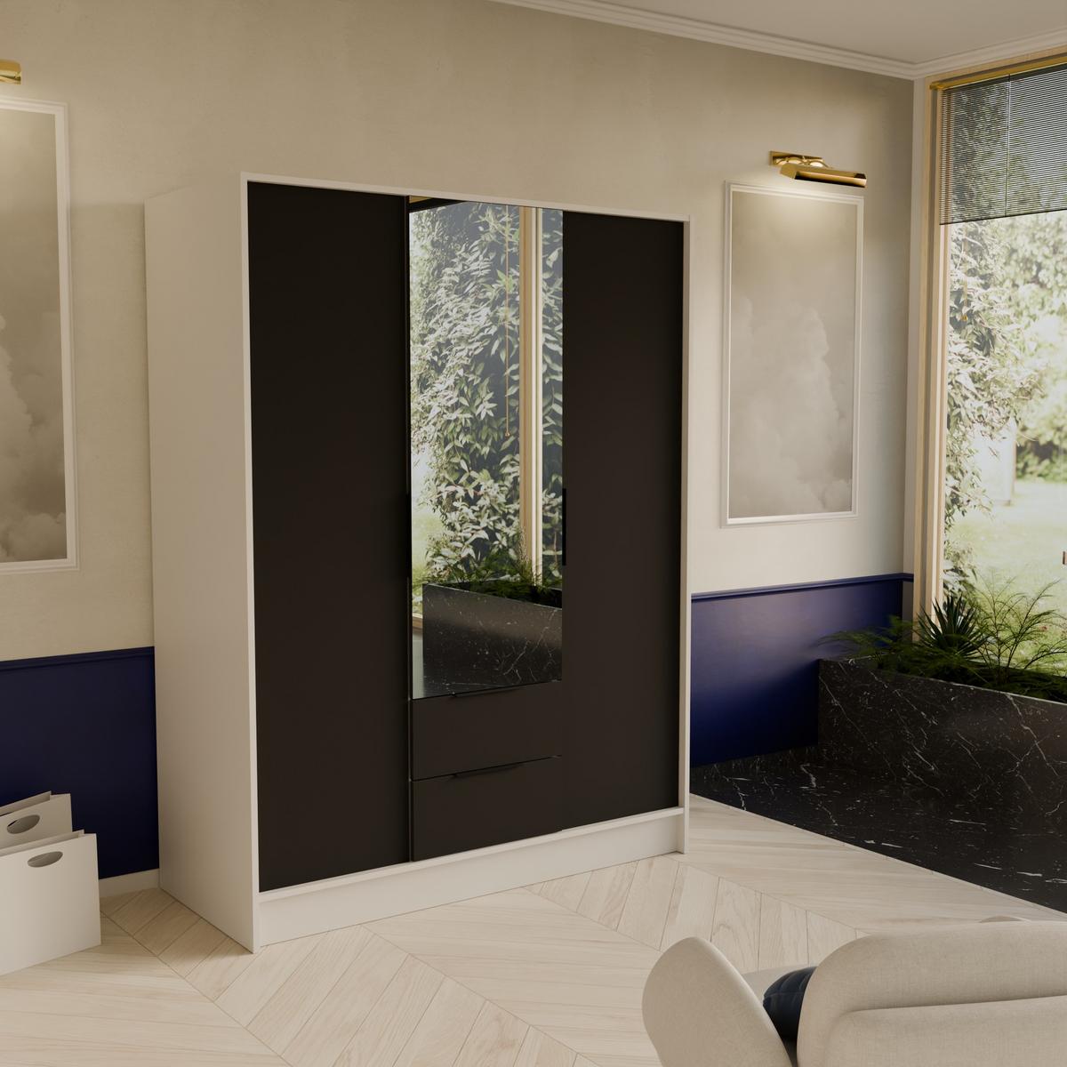 DREHTÜRENSCHRANK CAVA 150,5/200/51 cm Modern Kleiderschrank 3-türig mit Spiegel Weiß - Schwarz/Weiß, Holzwerkstoff (150.5/200/51cm) - MASSENO