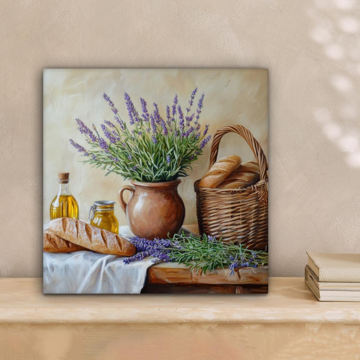 LEINWANDBILD Lavendel - Brot - Stilleben Deko Wohnzimmer 20x20 cm - Flieder, Textil (20/20cm) - MuchoWow