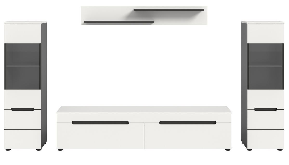 WOHNWAND weiß, grau, Wohnkombination 4-teilig hängend / stehend 272 cm, Cooper - Schwarz/Weiß, Glas/Holzwerkstoff (272/141/33cm) - Inn.Furn