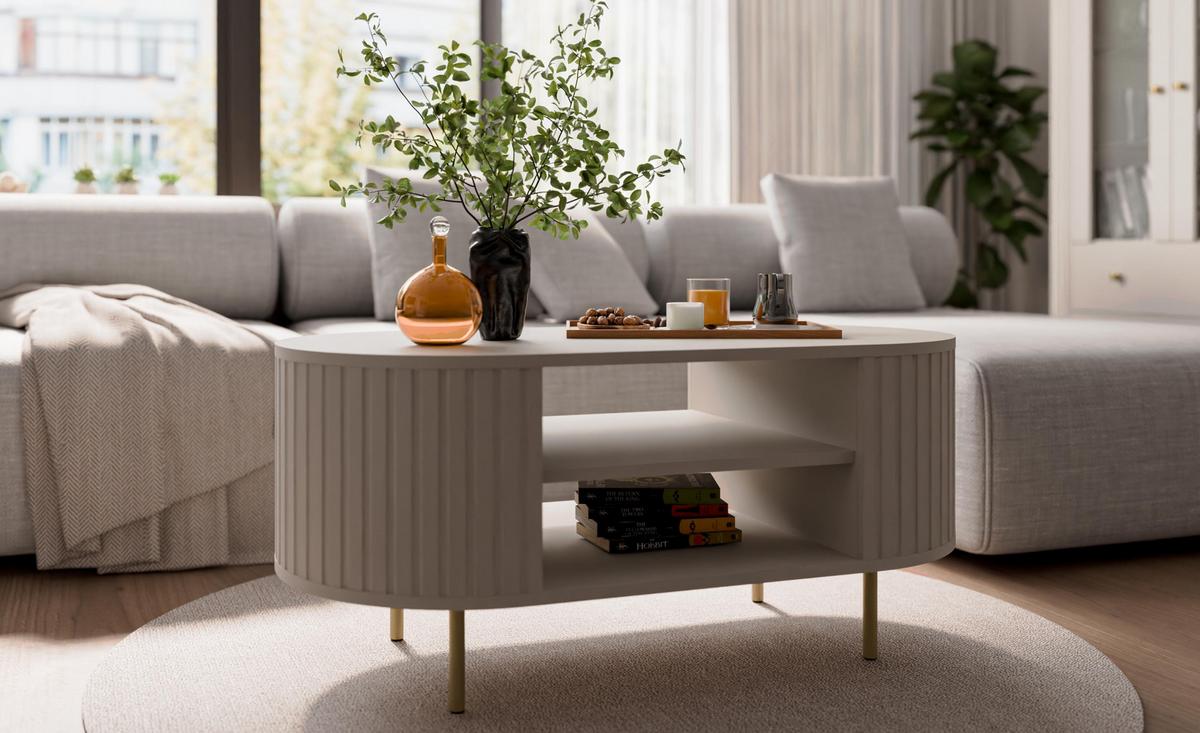 COUCHTISCH Halay Beige, Moderne Rillenstruktur 100 cm, mit runden Kanten - Beige/Goldfarben, Holzwerkstoff/Metall (45/100/52cm) - AX Living
