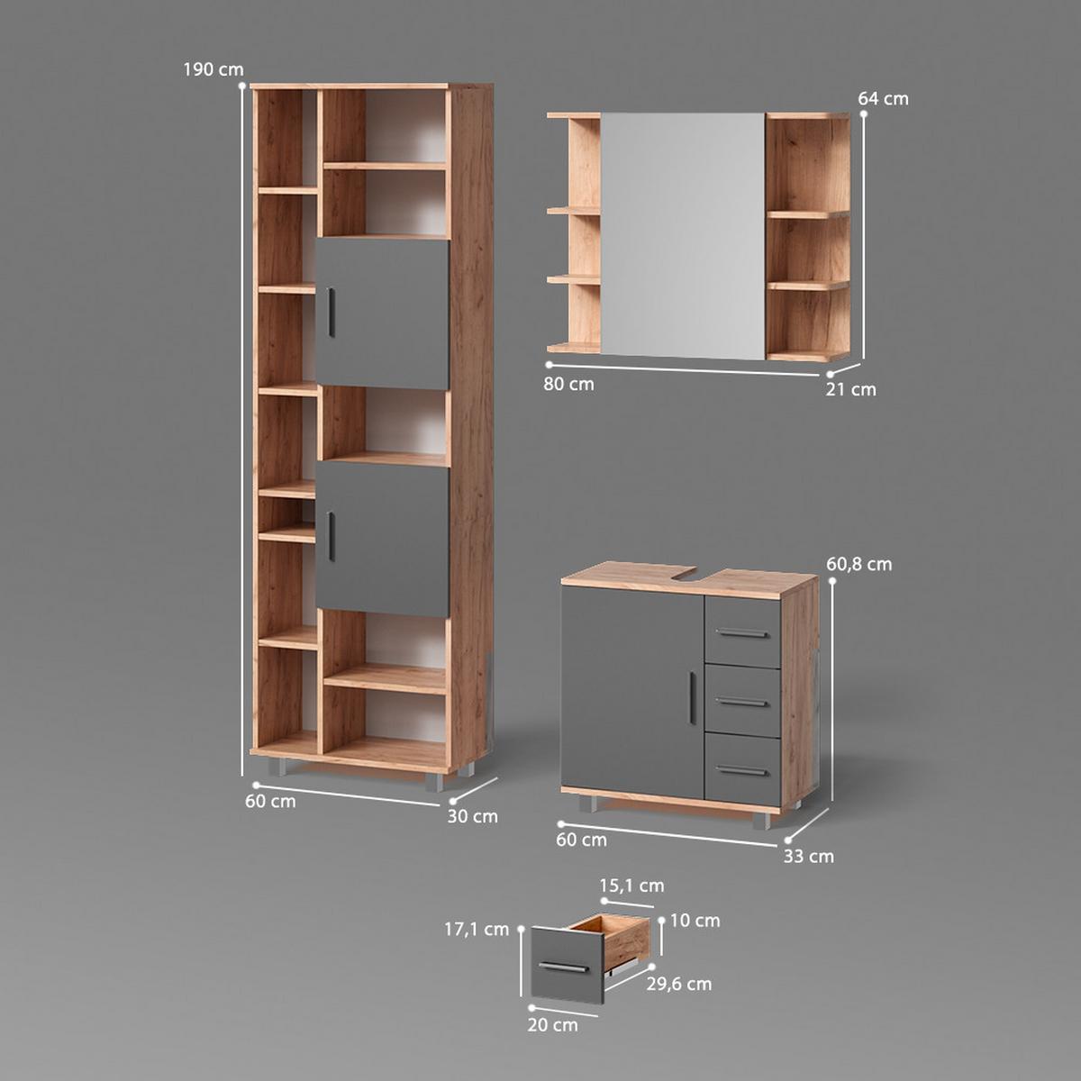 BADMÖBEL-SET Eisak Eiche 3 Teile, mit Unterschrank 60 cm - Eichefarben, Holzwerkstoff (60/60/33cm) - Livinity®