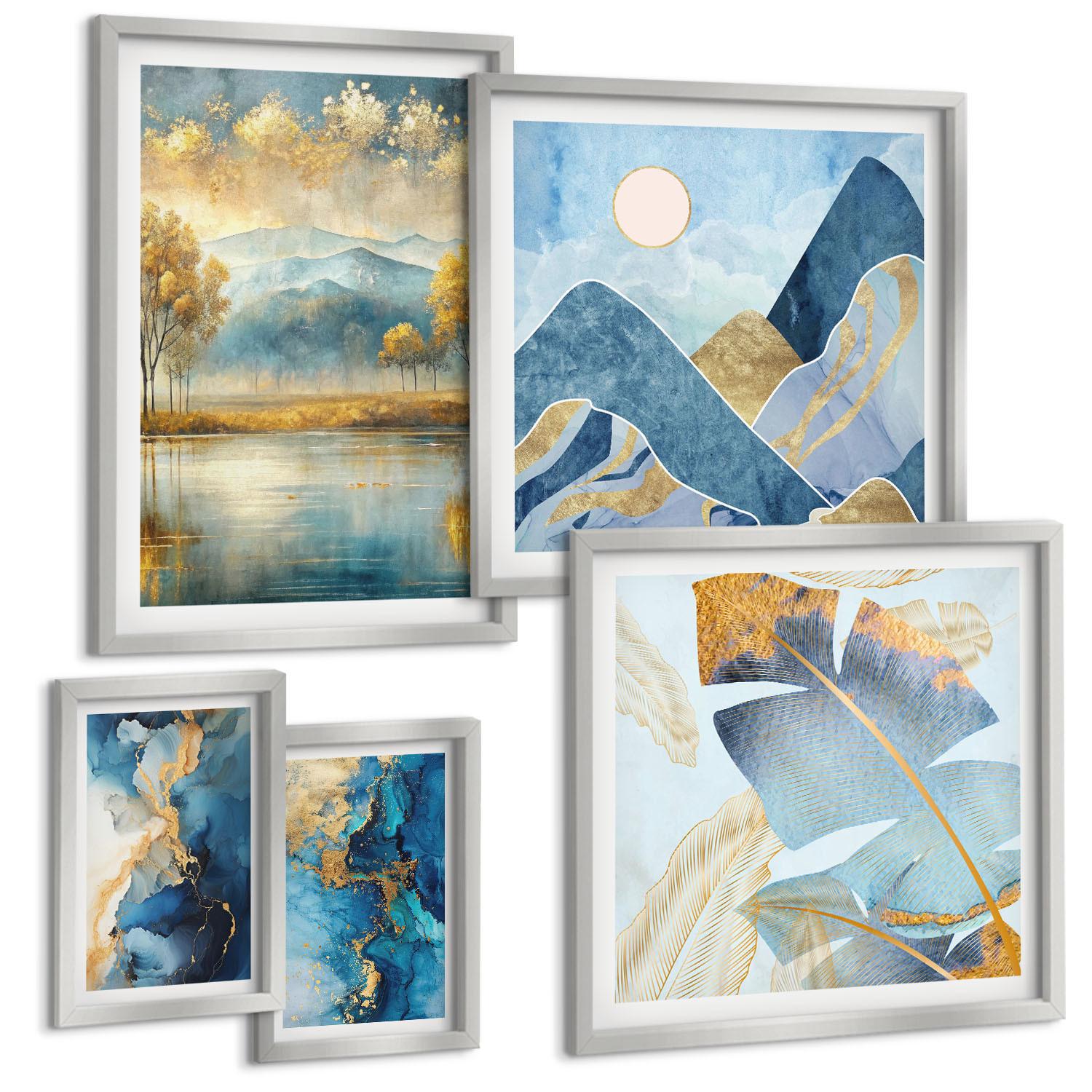 BILDER SET 5er Set - 50x50 cm & 20x30 cm & 40x60 cm Silberner Rahmen - Goldmuster in den blauen Bergen - Silberfarben, Kunststoff (40/60cm) - TULUP
