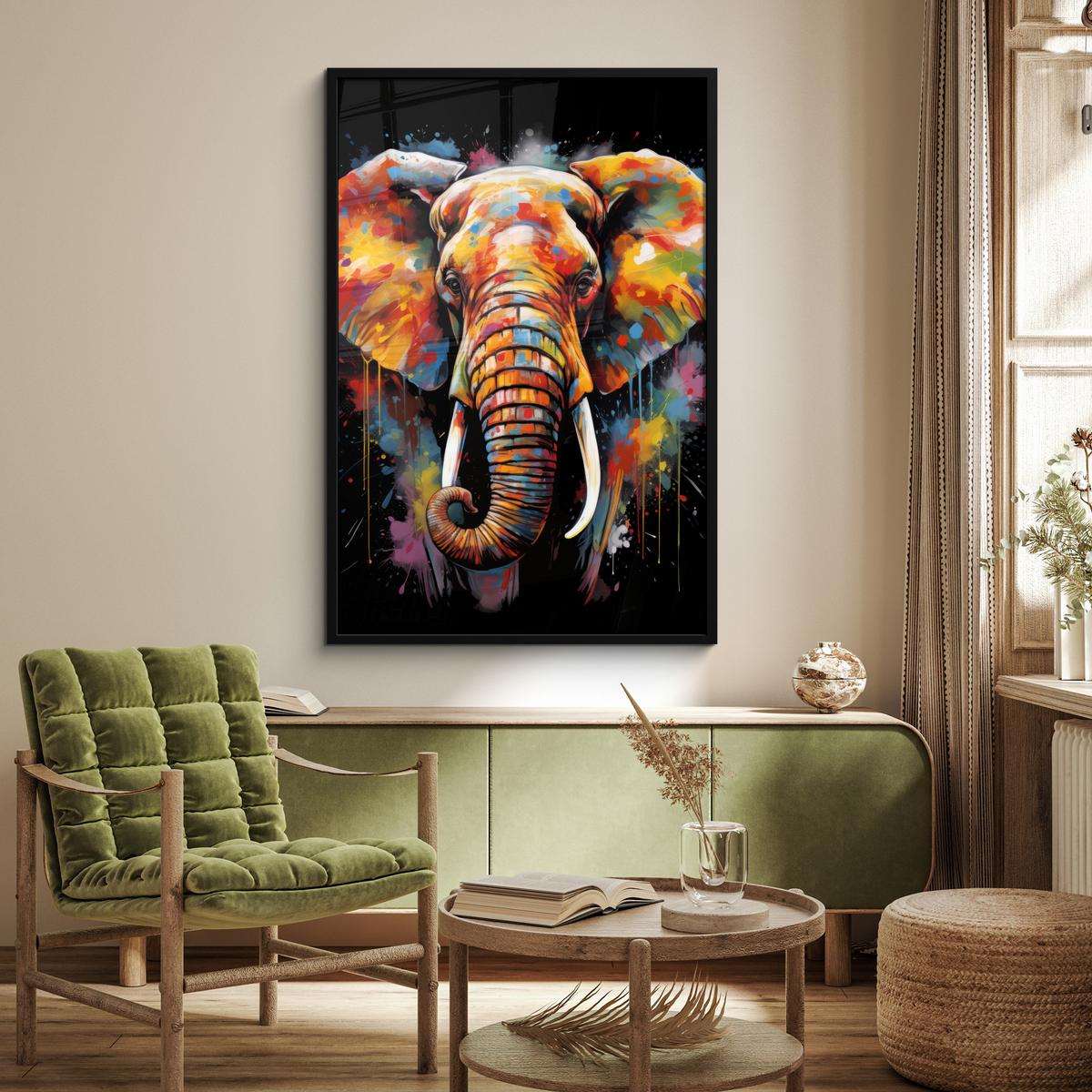 POSTER MIT RAHMEN Elefant - Graffiti - Schwarz - Tiere - Farben Bilderleiste 80x120 cm - Schwarz, Papier (80/120cm) - MuchoWow