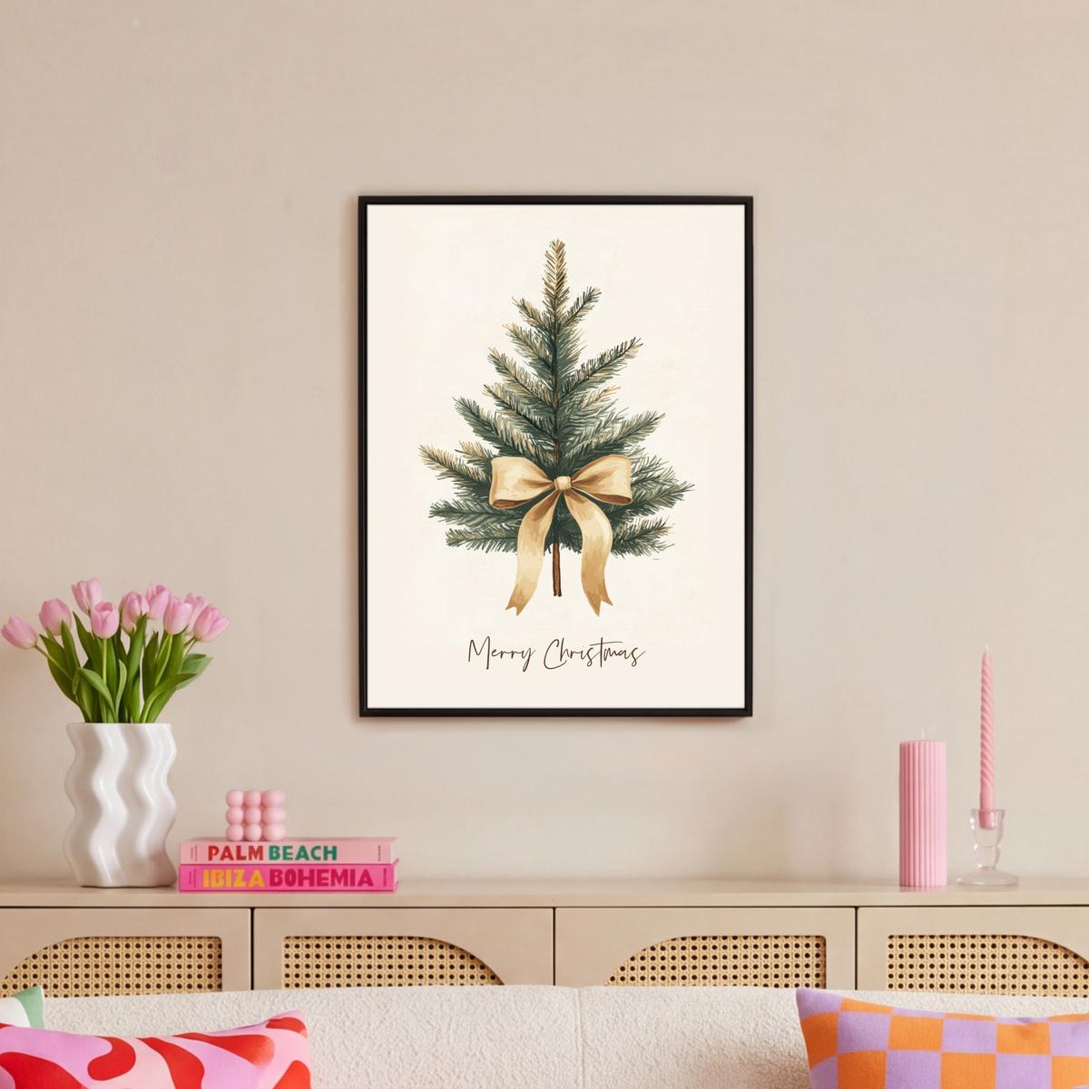 LEINWAND Bilder mit Rahmen - Weihnachtsbaum - Weihnachten - Frohe Weihnachten - Beige - 50x70 - Sandfarben, Textil (50/70cm) - MuchoWow