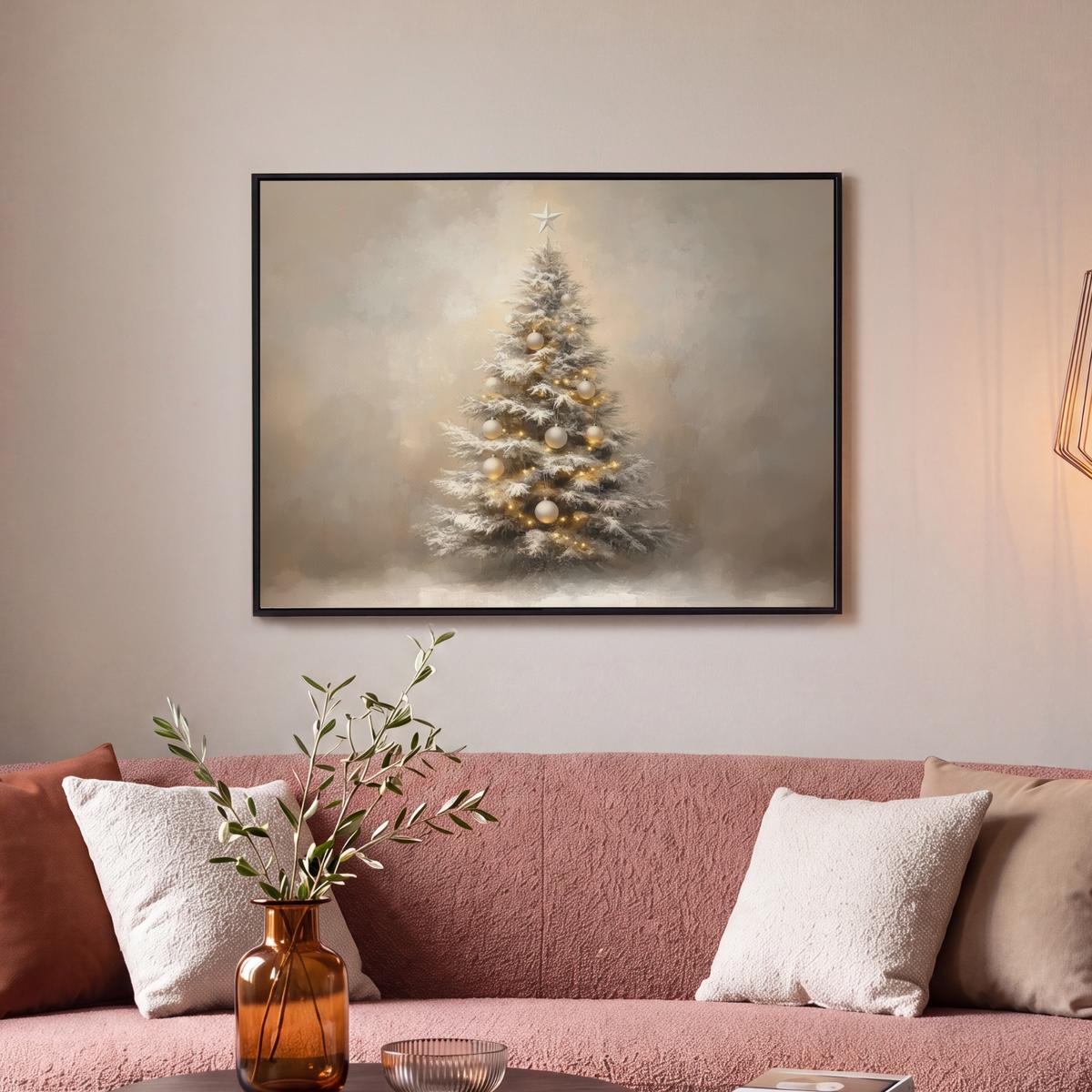 LEINWAND Bilder mit Rahmen - Weihnachten - Weihnachtsbaum - Schnee - Kunst - 80x60 - Champagner, Textil (80/60cm) - MuchoWow