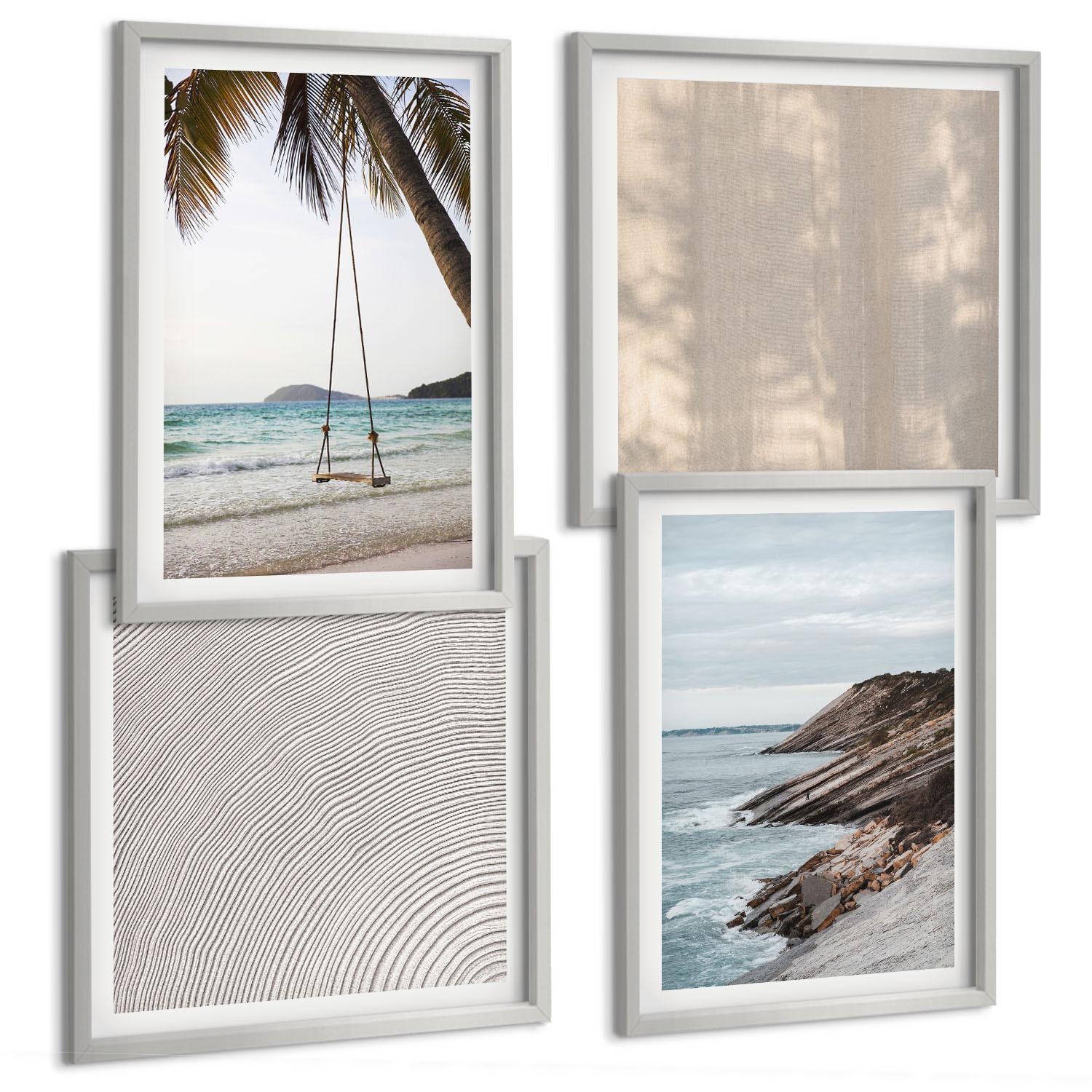 BILDER SET 4er Set - 50x50 cm & 40x60 cm Silberner Rahmen - Sommerlicher Sandstrand mit Meerblick - Silberfarben, Kunststoff (50/50cm) - TULUP
