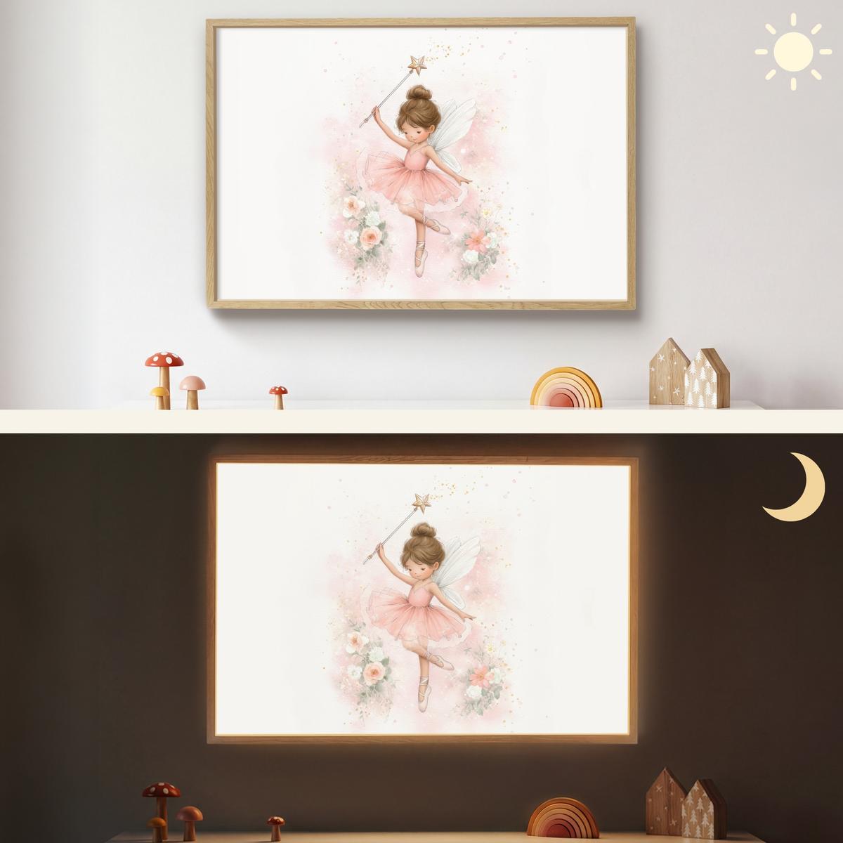 WANDLEUCHTE MIT AKKU Ballerina - Fee - Blumen - Rosa 90x60 cm - Rosa, Holzwerkstoff (90/60/8cm) - OnlyWow