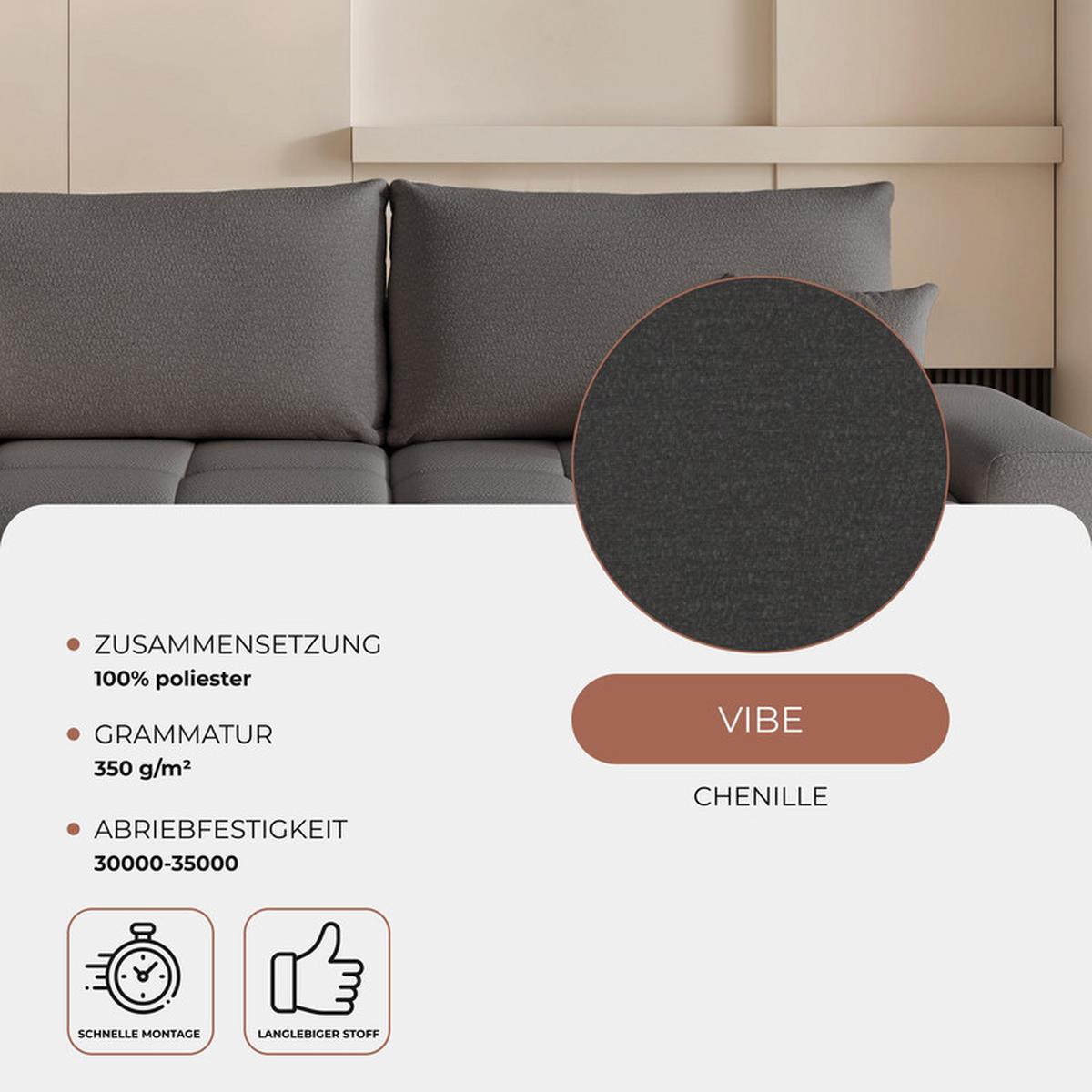ECKSOFA TARA mit Schlaffunktion und Bettkasten Dunkelgrau - Chromfarben/Dunkelgrau, Kunststoff/Textil (261/178cm) - Idohome