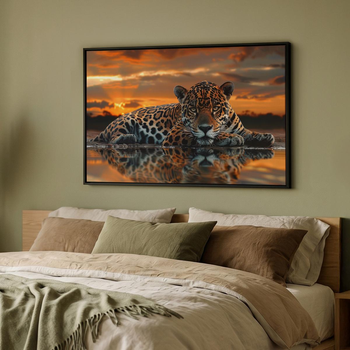 LEINWAND Bilder mit Rahmen - Natur - Leopard - Tier - Sonnenuntergang - Modern - 90x60 - Orange, Textil (90/60cm) - MuchoWow