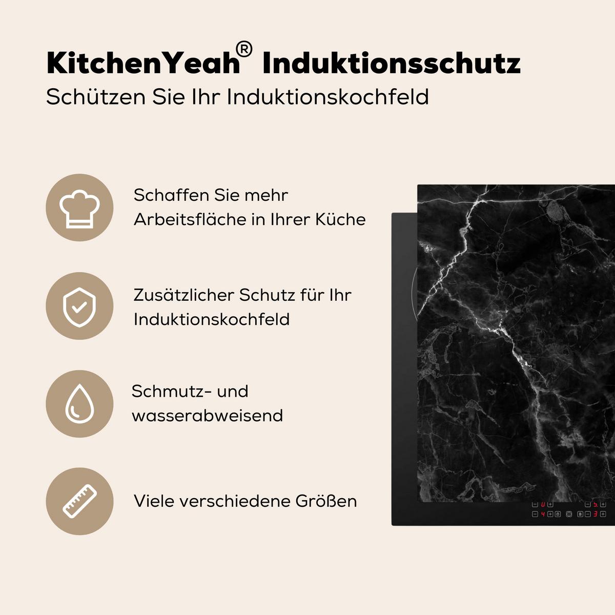 HERDABDECKPLATTE Marmor - Schwarz - Weiß - Textur - Marmoroptik Herdabdeckung Induktionsfeld 70x52 cm - Silberfarben, Kunststoff (70/52/0.2cm) - MuchoWow