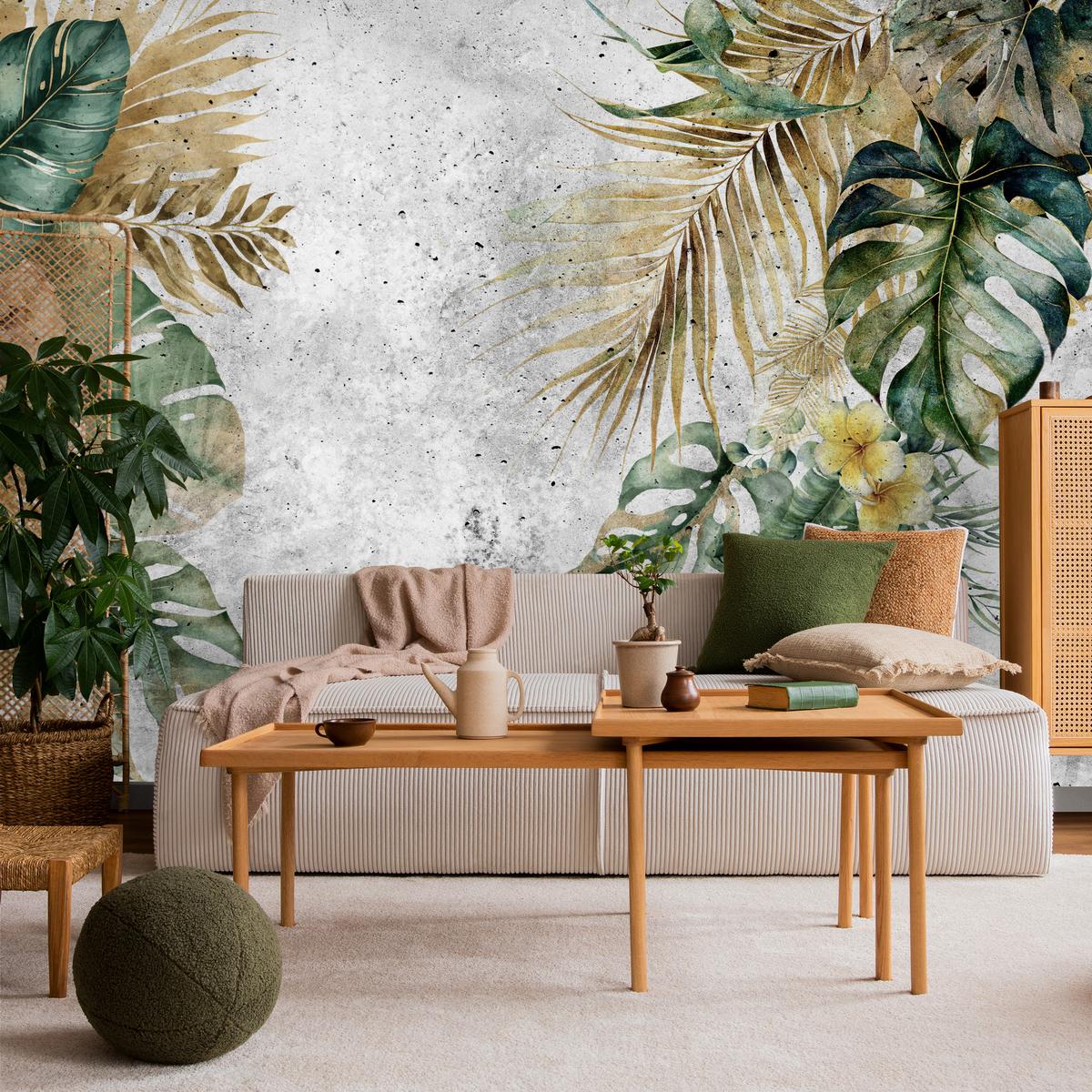 FOTOTAPETE für Wohnzimmer Tropische Blätter Blumen auf Grauer Beton 350x256 - Braun/Grau, Papier (350/256cm) - Muralo