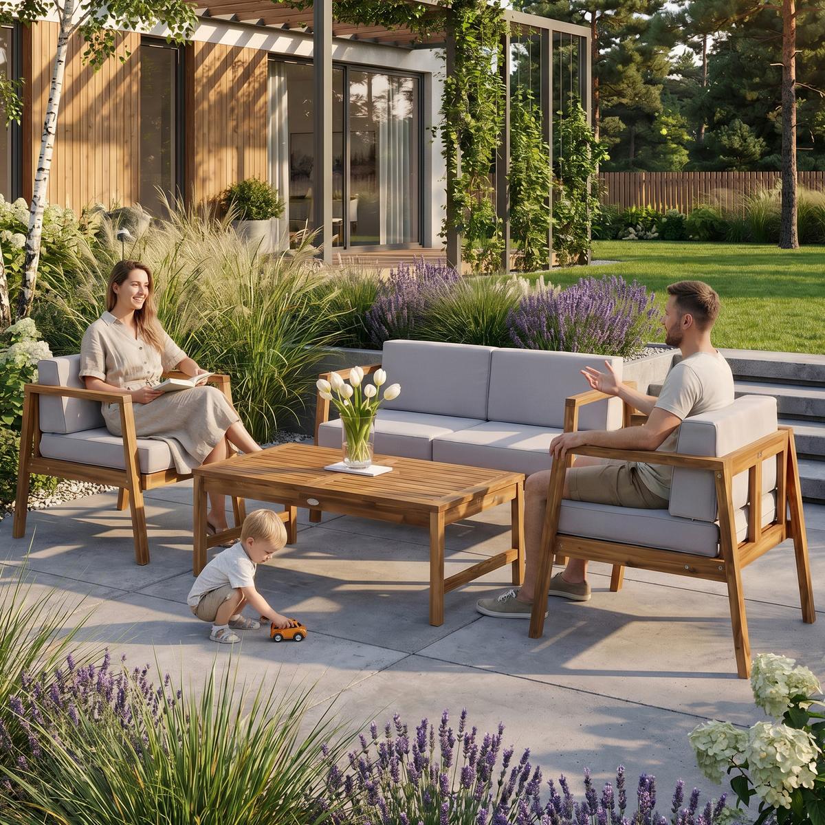 GARTENSET Viken aus Akazienholz, 2-Sitzer Sofa + 2 Sessel + Couchtisch, Hellgrau - Hellgrau, Holz - Beautysofa